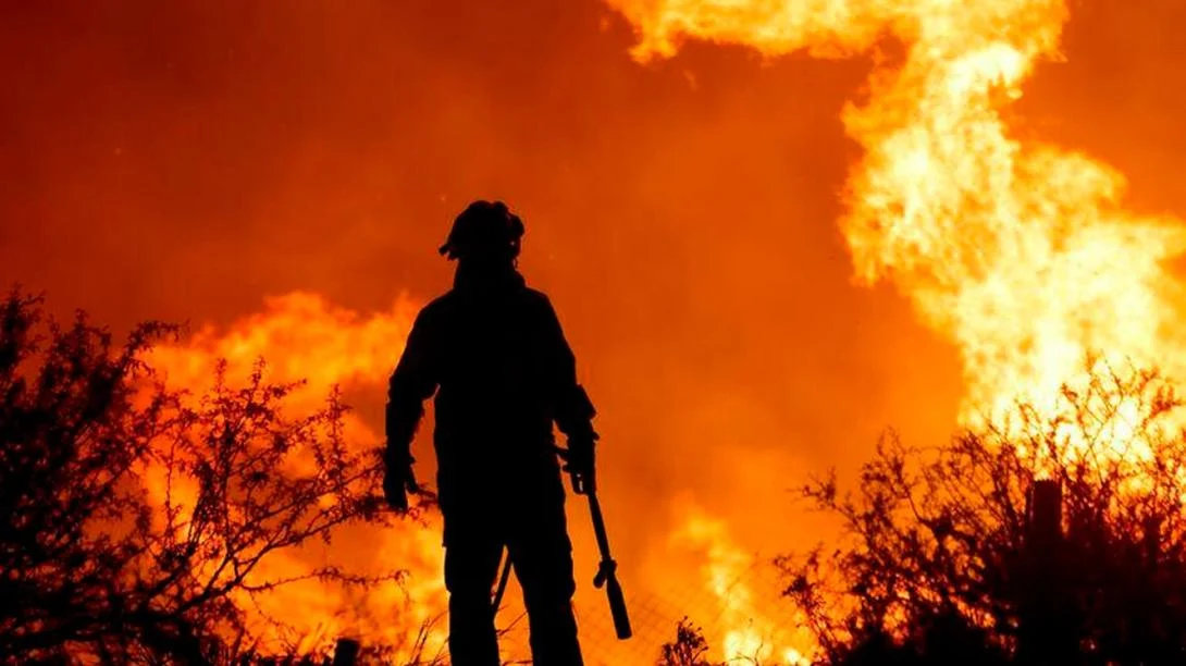 Un bombero mira impotente llamas de hasta 20 metros de altura.